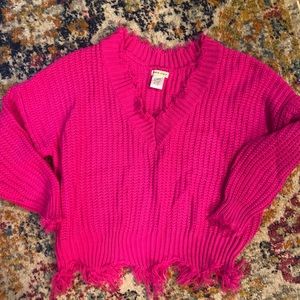 EUC bright pink cropped fringe sweater